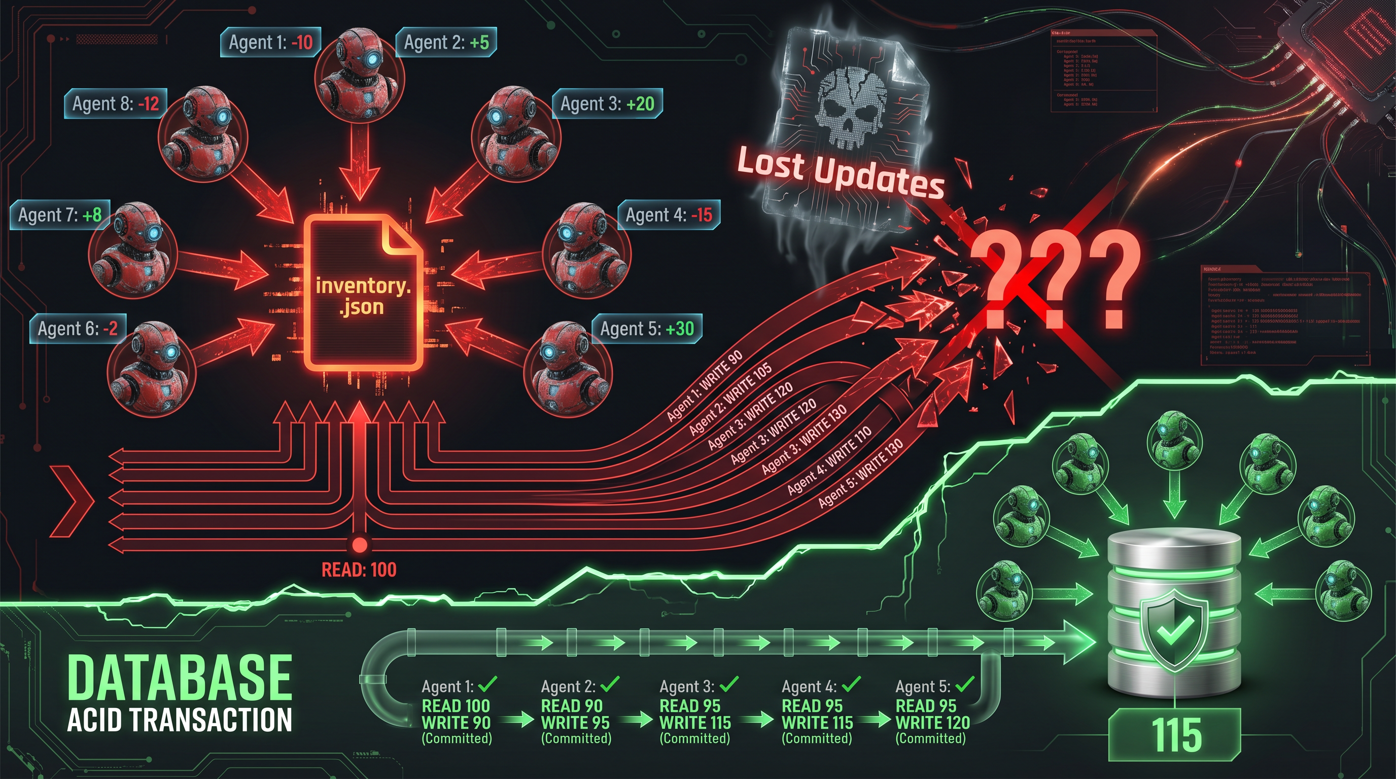 多 Agent 并发写入的丢失更新灾难，以及数据库 ACID 事务的解决方案